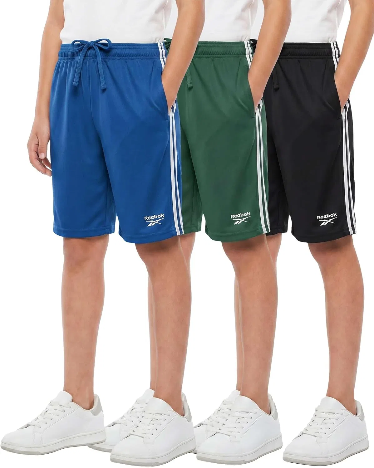 Комплект из 3 шорт для мальчиков Dry Fit с боковыми вставками Reebok, Solid Black, Solid Hunter Green, Solid Blue Iolite