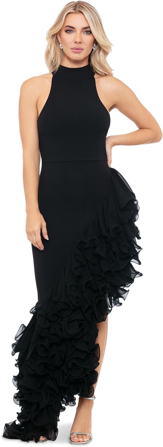 

Платье Betsy & Adam Long asymetrical ruffled mock neck, черный