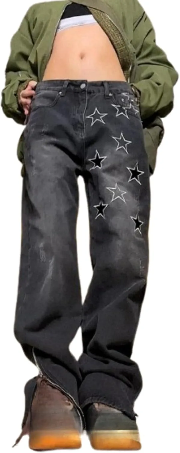 

Джинсы с высокой талией для женщин Grunge Star Graphic Cargo, Y2K, широкие Hesaco