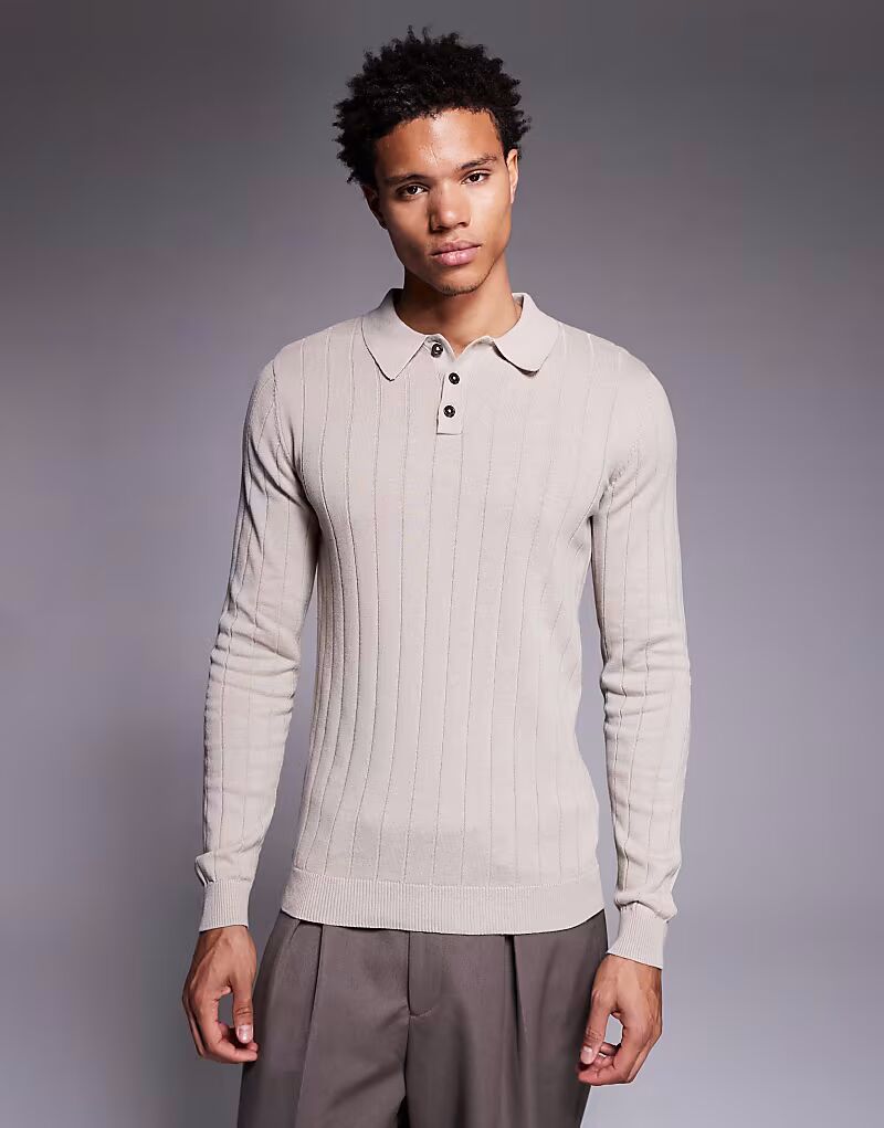 

Поло Muscle Fit с длинными рукавами и трикотажным ребристой отделкой цвета песочного камня Asos Design, Бежевый, Поло Muscle Fit с длинными рукавами и трикотажным ребристой отделкой цвета песочного камня Asos Design