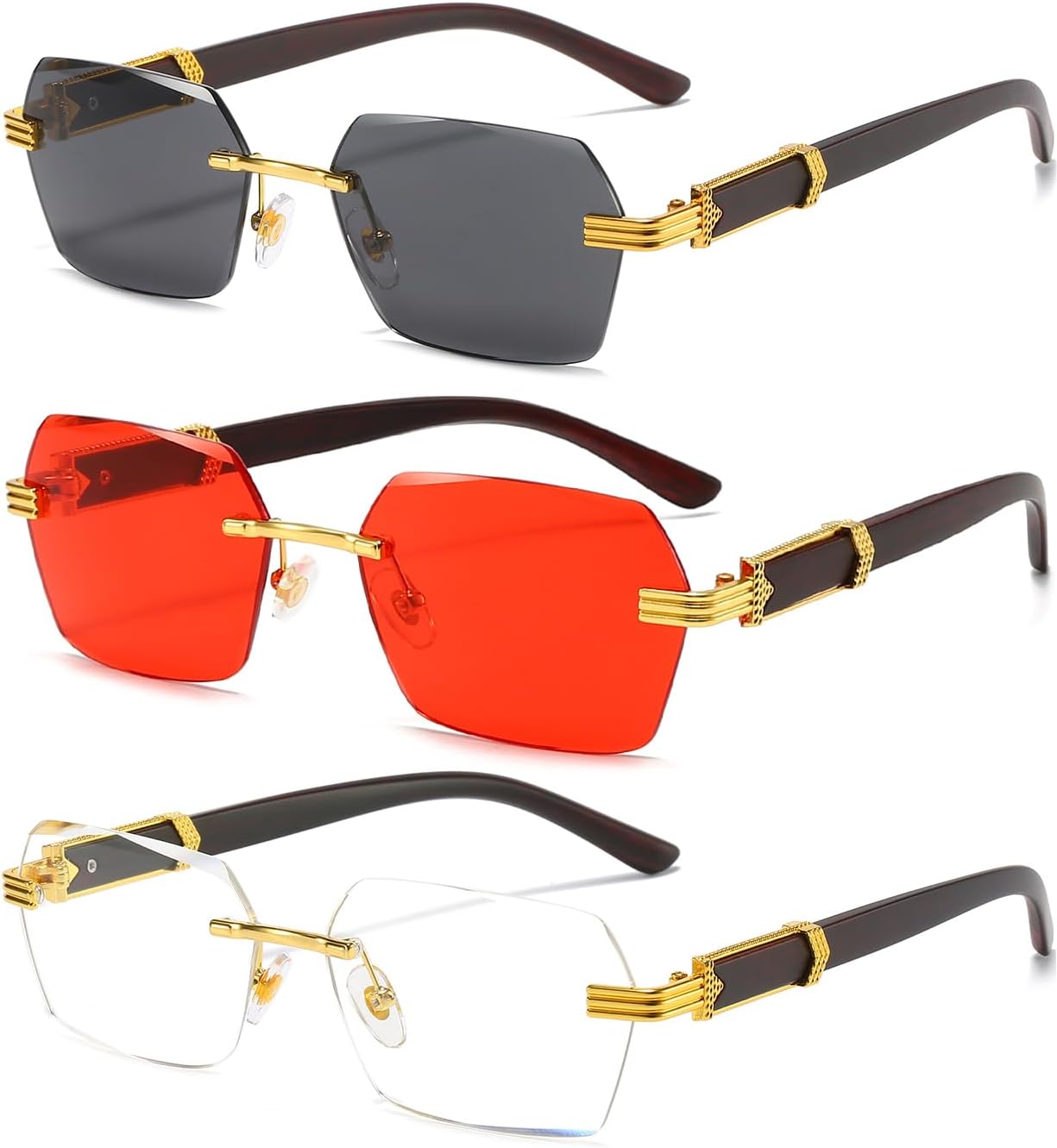 

Солнцезащитные очки AIEYEZO в стиле ретро, ​​без оправы, прямоугольные, унисекс, винтажные, безрамочные, модные, квадратные, тонированные, 3 Pack (Gold/Grey + Gold/Red + Gold/Clear)