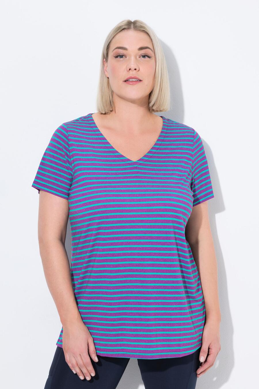 

ULLA POPKEN Женская функциональная рубашка в полоску, классическая, с V-образным вырезом и коротким рукавом