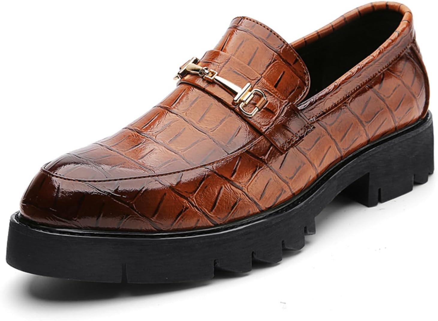 

Мужские лакированные лоферы на платформе- модные круглые носки с металлическим декором, устойчивая толстая подошва, идеально подходят для деловых, свадеб, выпускных и повседневных вечеринок Aokisx, коричневый