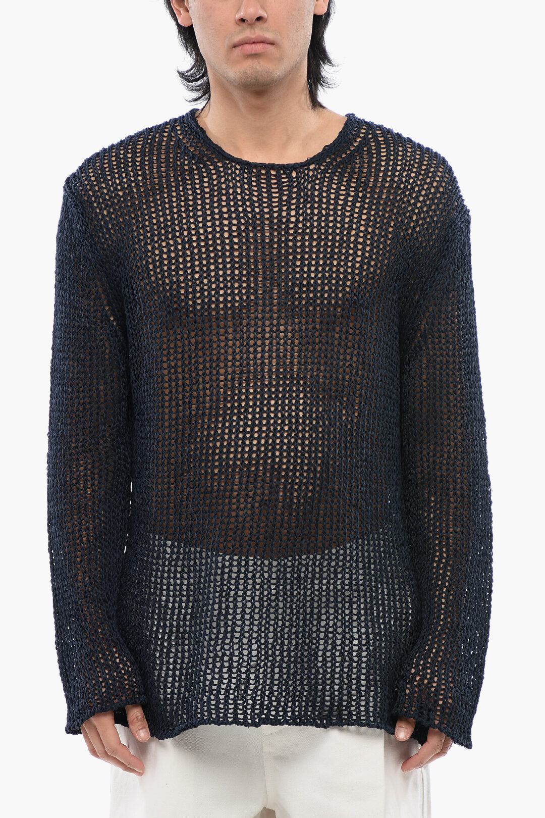 

Ажурный хлопковый свитер с круглым вырезом Jil Sander, синий