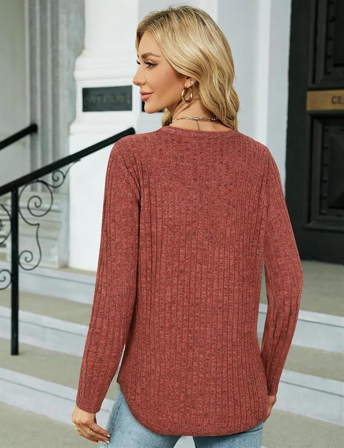 Блуза трикотажная с декоративными пуговицами, Long Sleeve Shirt For Women, Caramel Orange — фото 4