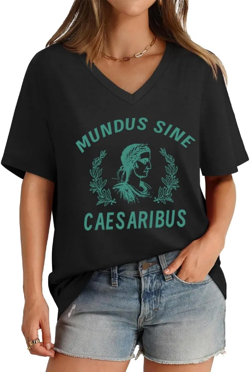 Футболка Mundus Sine Caesaribus, унисекс, с V-образным вырезом, "Мир без Цезарей" — фото 4