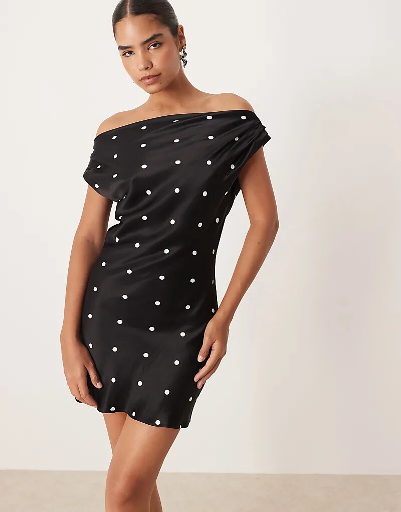

Атласное мини-платье ASOS DESIGN с драпировкой на одно плечо в горошек