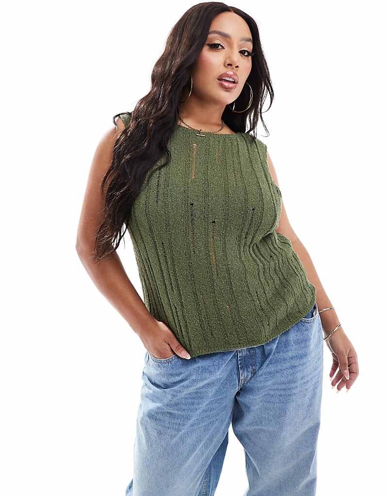 

Трикотажная майка цвета хаки из пряжи букле с лесенкой ASOS DESIGN Curve