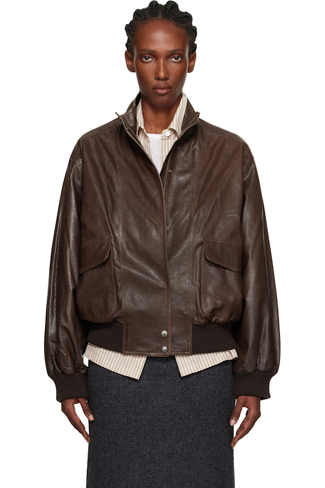 

Nothing Written Коричневая кожаная куртка-блузон с воротником-стойкой