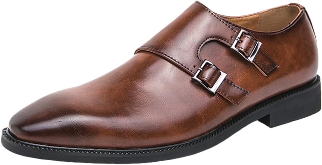 

Мужские кожаные лоферы с двойным ремешком-монахом, ретро низкие с острым носком, для официальных мероприятий, деловых встреч, вечеринок и свадеб Zzyyzzyy, коричневый