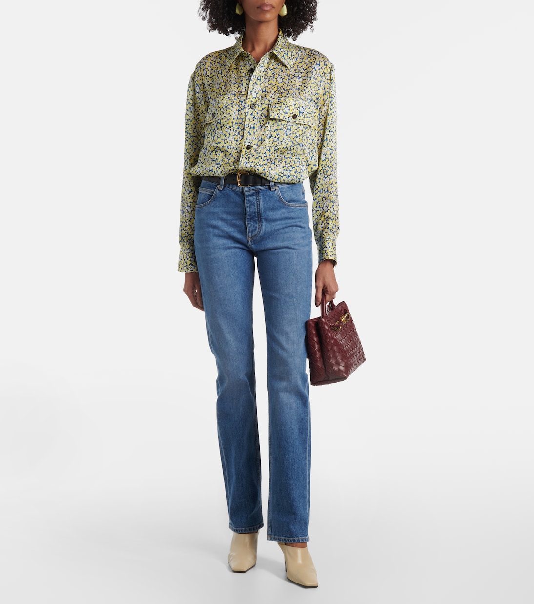 Шелковая блуза с цветочным принтом в стиле маркизы Daisy Bottega Veneta, Chalk/Pollen/Blue — фото 2
