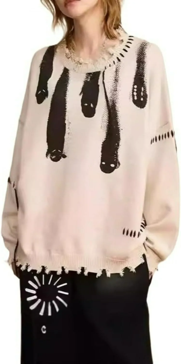 

PanoraCirq свитер с рваным узором и цветными блоками, круглый вырез, винтажный оверсайз PanoraCirqi