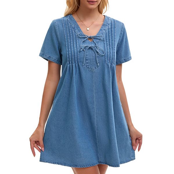 

Женское джинсовое платье с коротким рукавом, v-образным вырезом и карманами Inspire Chic