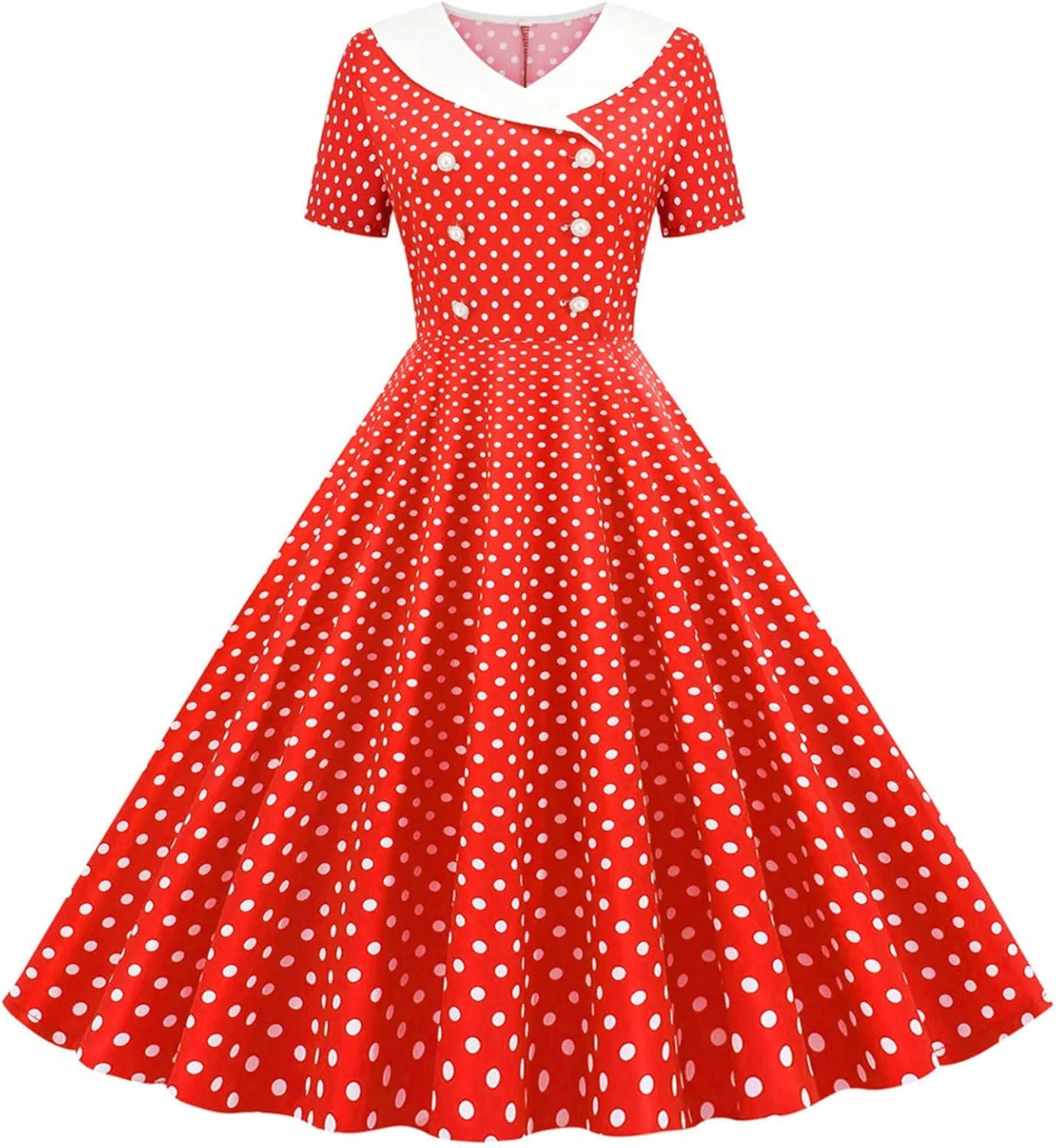 Женское винтажное платье миди в горошек с коротким рукавом, контрастным воротником, двубортное, силуэт фларе, для вечеринок 2026 Generic, красный