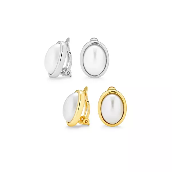 

Комплект из 2 серег-клипс с белым жемчугом-кабошоном овальной формы из посеребренной позолоченной латуни Bling Jewelry, gold-silver