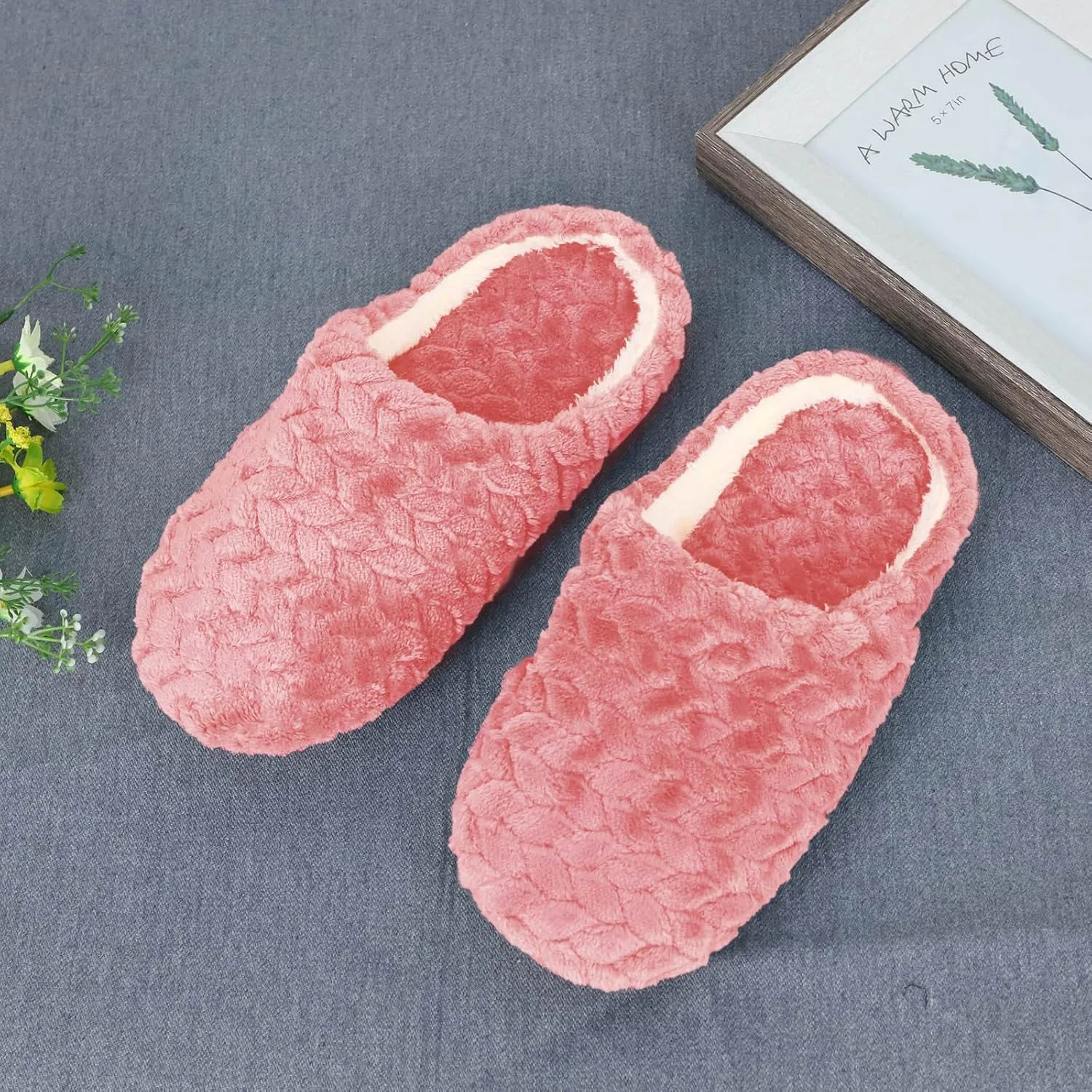 Пара тапочек мужские и женские, плюшевые тапочки, зимние теплые домашние тапочки, удобные плоские тапочки, пушистые гостевые тапочки, домашняя обувь, тапочки без шнурков, неустойчивые Botcam, красный — фото 2