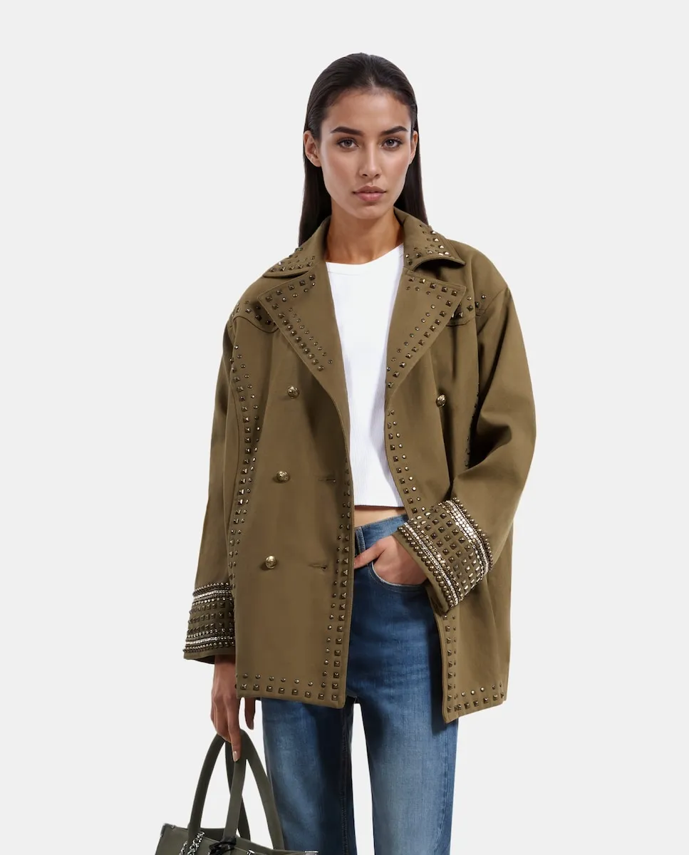 

Женское пальто оверсайз с заклепками и жемчугом The Kooples, хаки