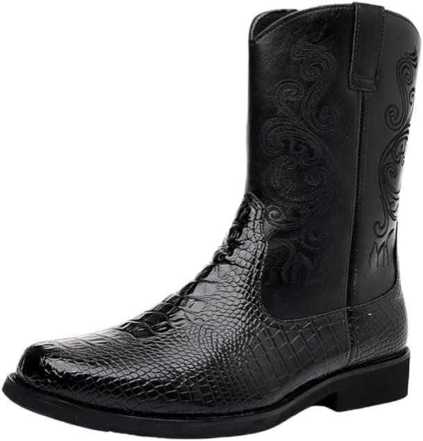 

Мужские ковбойские сапоги Hhhchpm, западные сапоги с круглым носком, массивным каблуком, сапоги до середины голени с классической вышивкой, сапоги без шнуровки, черный