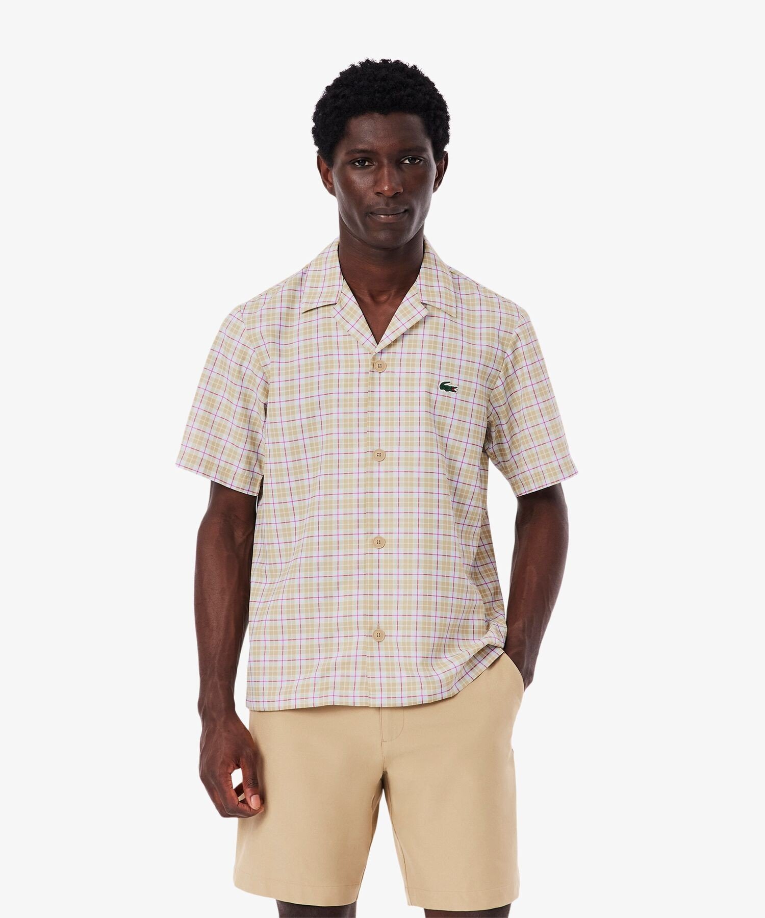 Рубашка для гольфа LACOSTE в клетку с открытым воротником, Beige — фото 3