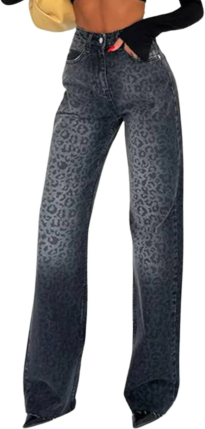 

Yoeasy Женские джинсы с леопардовым принтом, прямые, завышенная талия