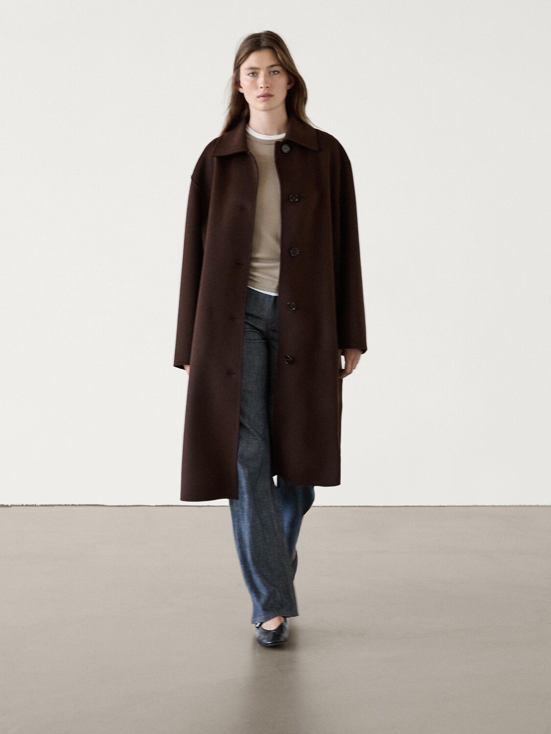 

Длинное пальто из смеси шерсти Massimo Dutti, бургундия