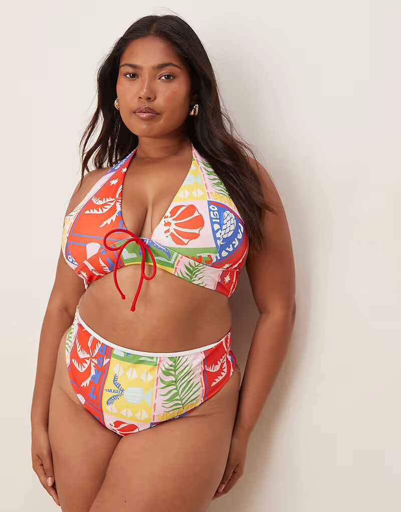 

Плавки бикини с завышенной талией Curve Trinny от ASOS DESIGN с принтом paridiso ASOS Curve