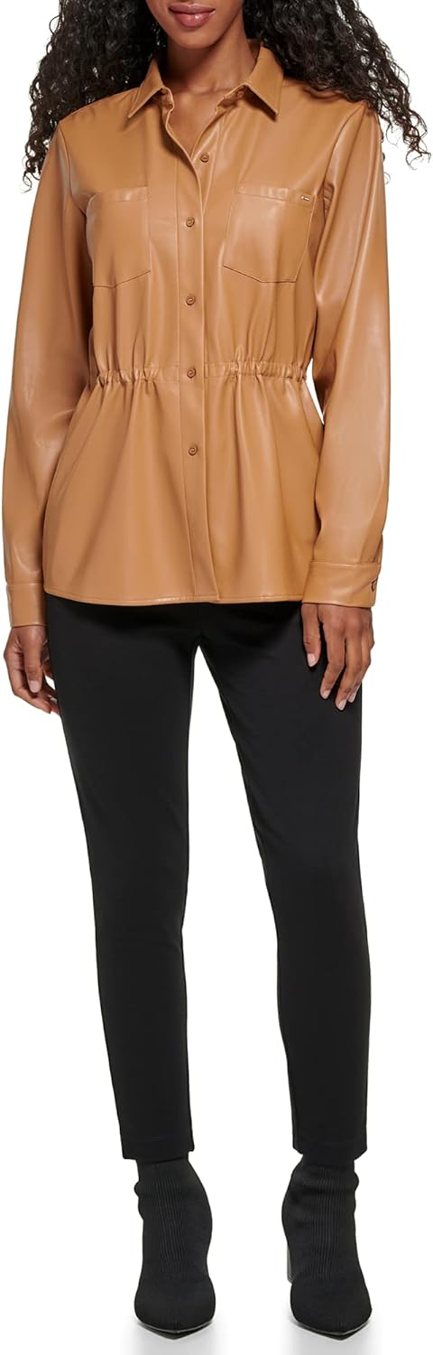 

Женская легкая куртка Calvin Klein с кожаным воротником и приталенной талией, Luggage