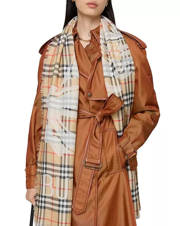 Широкий шерстяно-шелковый шарф в клетку ekd Burberry, серый — фото 3