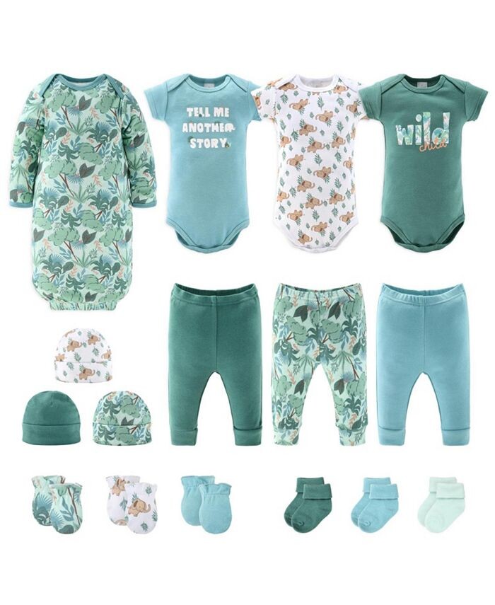 

Подарочный набор Newborn Layette для мальчиков и девочек, сине-зеленый, Wild Jungle, 16 основных предметов, The Peanutshell, коричневый/бежевый