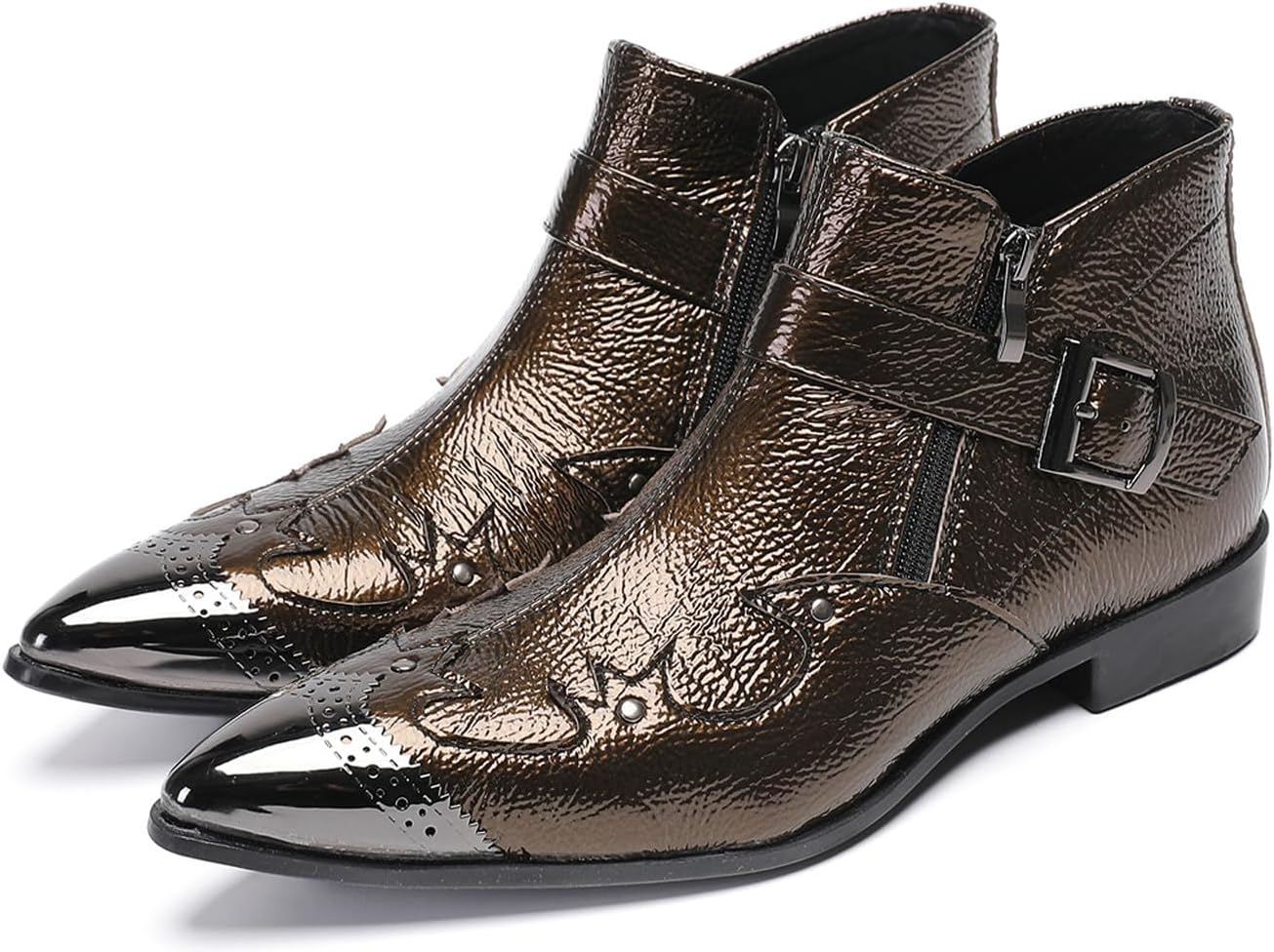 

Мужские ботинки Chelsea Santimon с металлической пряжкой - блестящие ботильоны с заостренным носком, боковой молнией и текстурированной кожей - модные ковбойские ботинки для вечеринок, сцены и клуба, Coffee