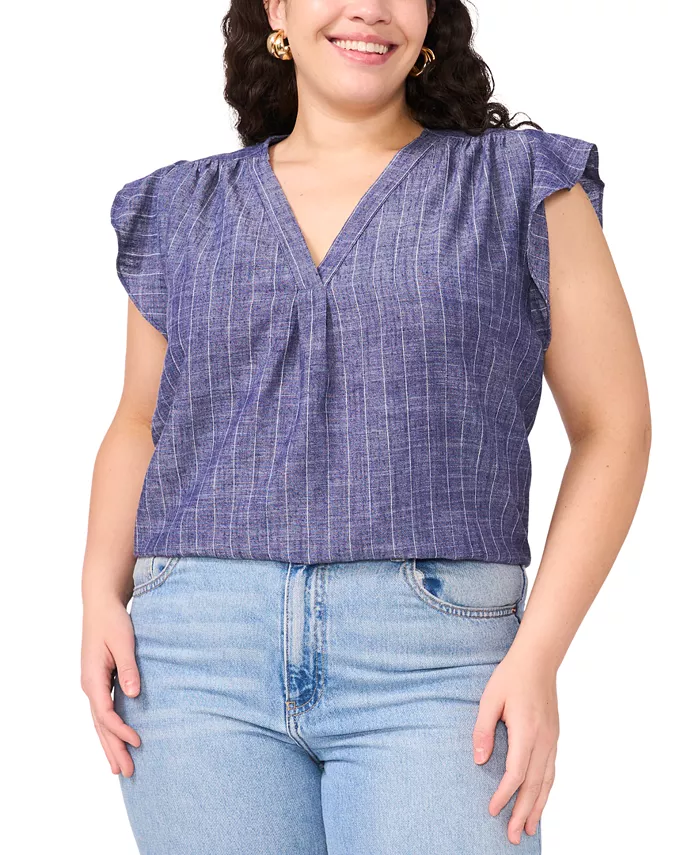 

Блузка с V-образным вырезом и рукавами-рюшами Plus Size Vince Camuto, синий