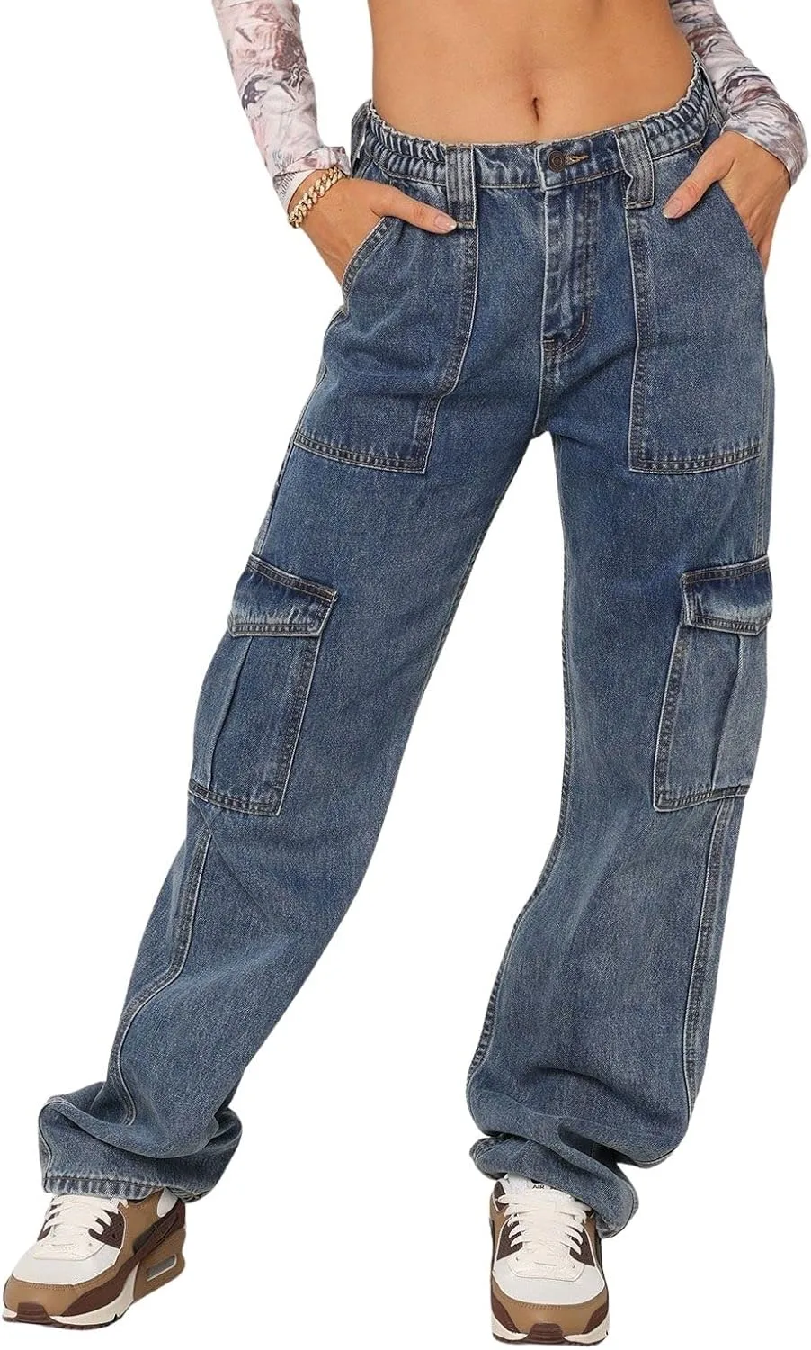 

Женские джинсы-карго CHARTOU с высокой посадкой и расклешенным низом