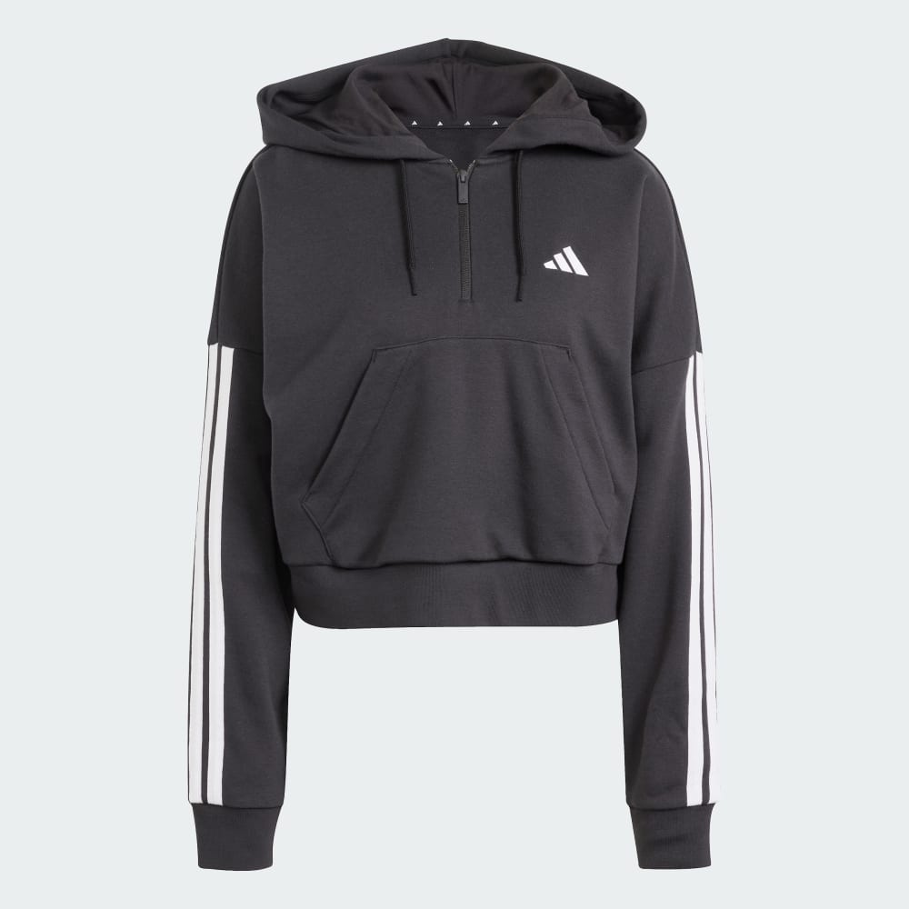 Спортивная толстовка Adidas Essentials 3-Stripes French Terry Quarter-Zip Hoodie, черный/белый — фото 4