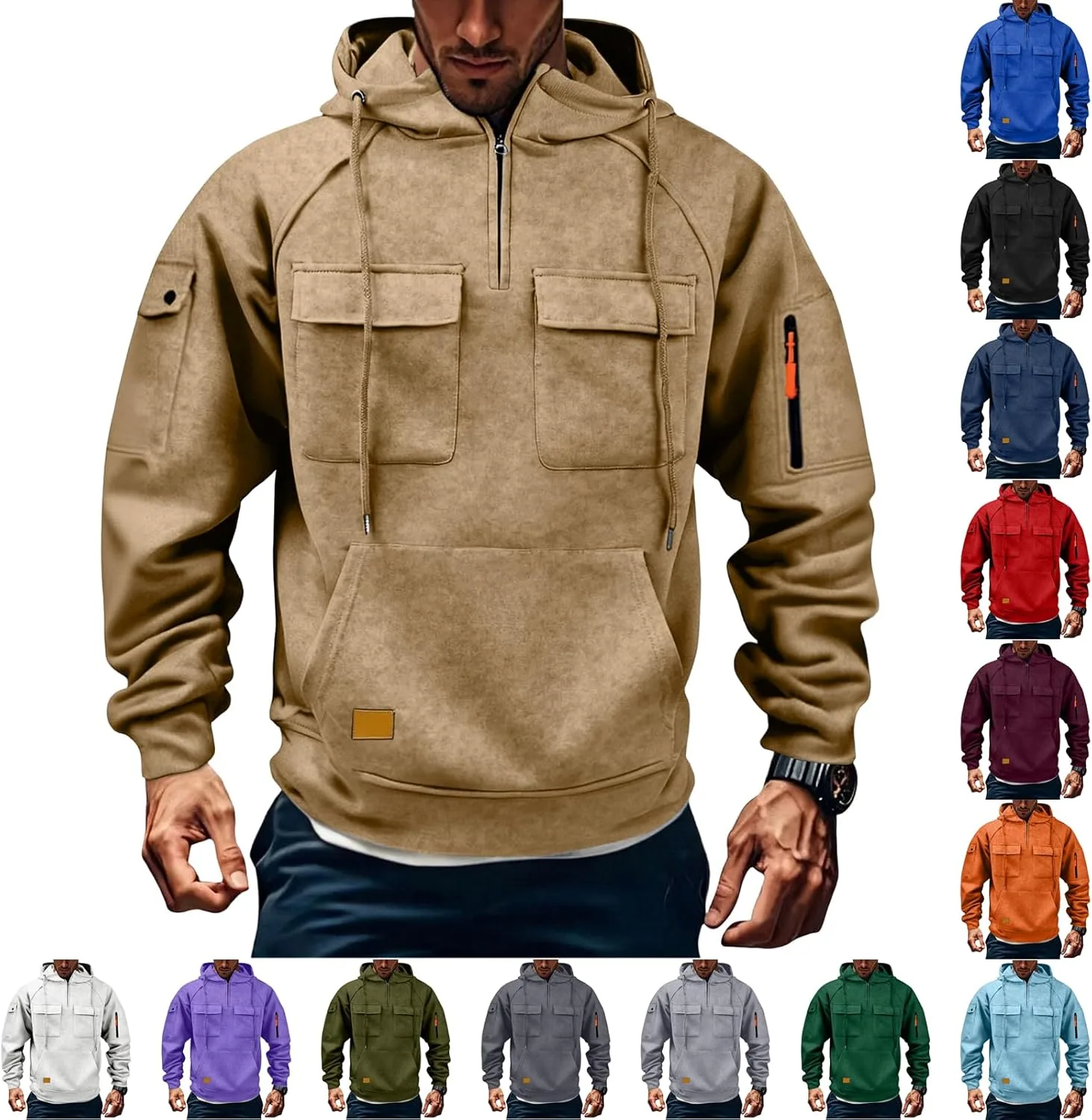 

Тактический худи для мужчин с молнией на четверть, оверсайз, с карманами tobchonp