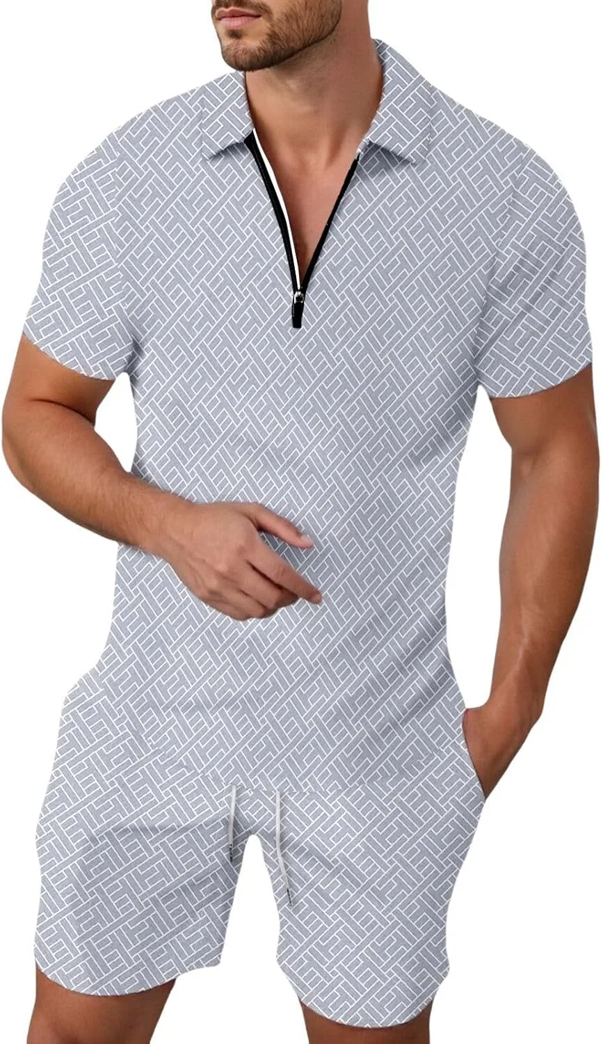 Спортивный костюм с поло и шортами, полосатый, A44 Light Grey