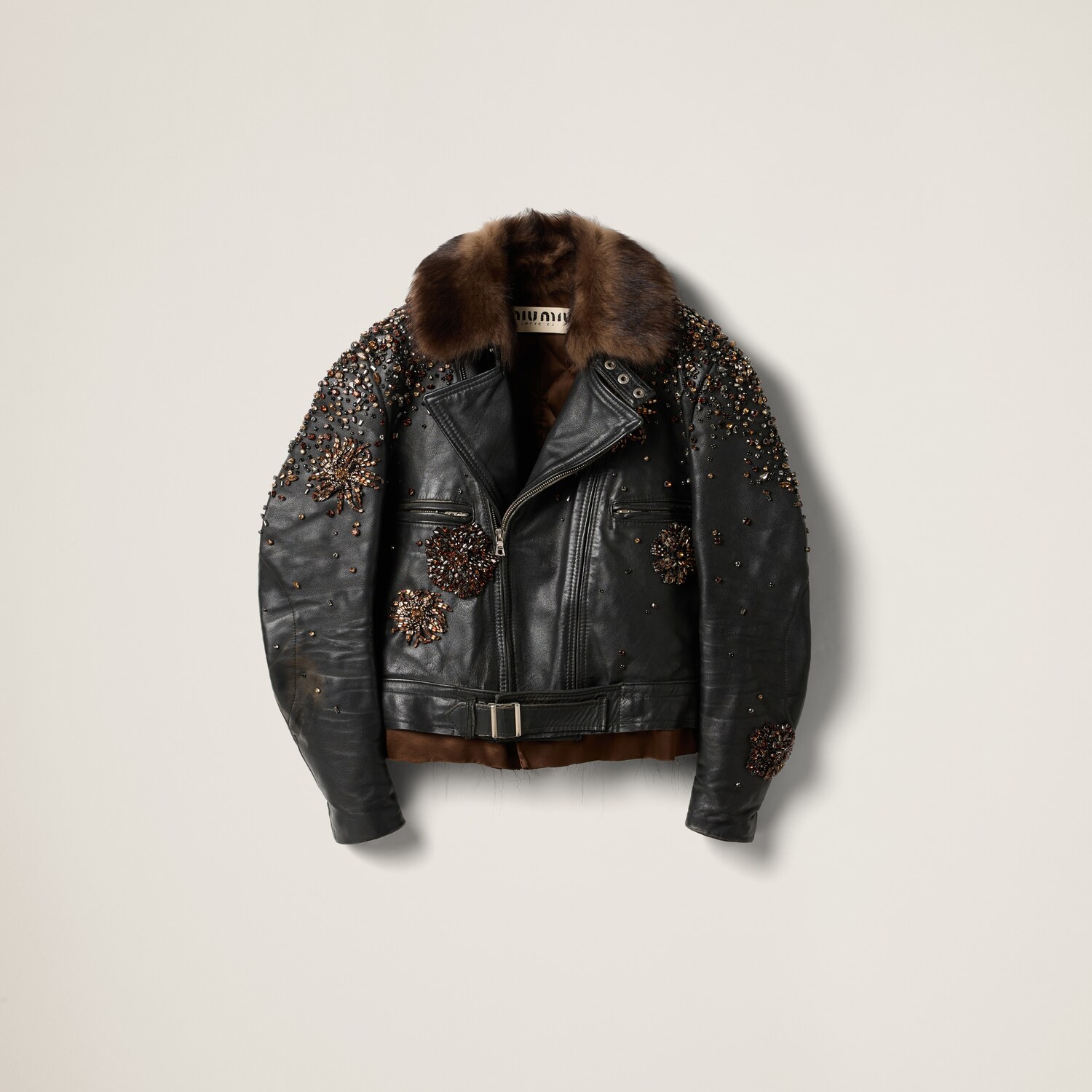 

Кожаная байкерская куртка с вышивкой MIU MIU, черное