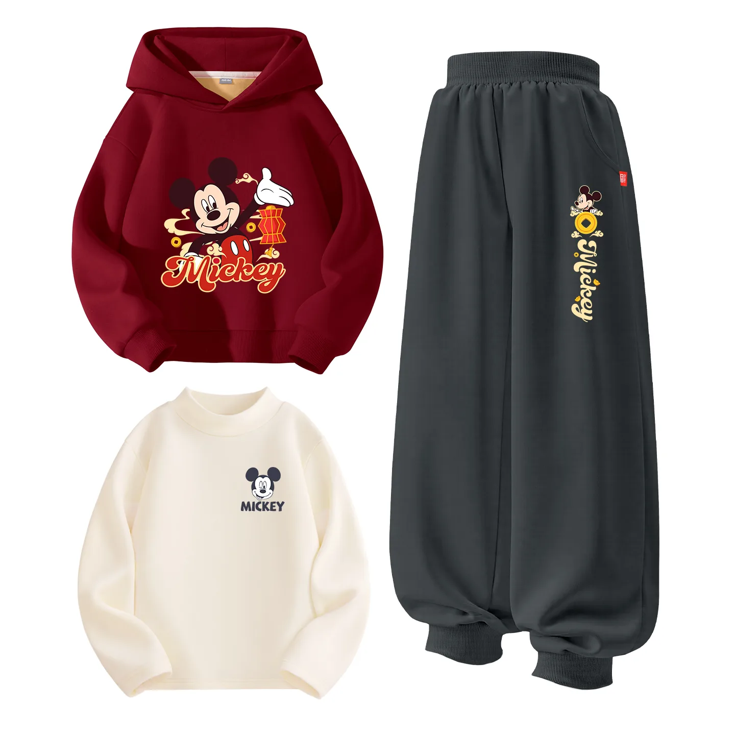 Детская повседневная спортивная одежда утепленная Disney, [Thickened and Fleece-Lined Three-Piece Set]Dich Star Burgundy+Dich Celebration K Graphite Gray+Dich Big Smile K Milk White — фото 4