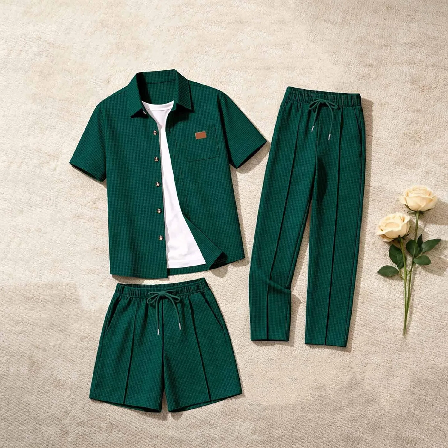 Мужской спортивный костюм из 3 предметов, футболка, шорты и брюки, Army Green — фото 2