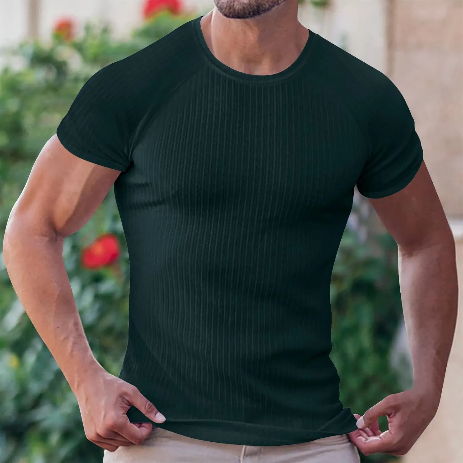 Мужская футболка, ribbed knit, хлопок, Army Green — фото 2