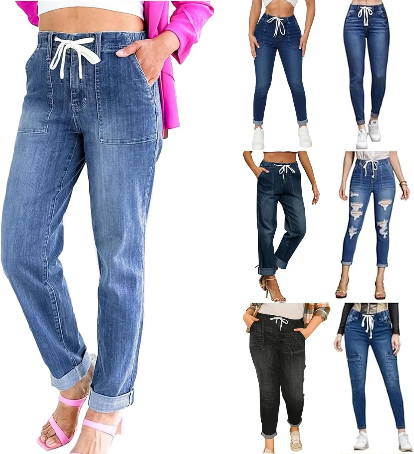 

Прямые джинсы для женщин с эластичным поясом на шнурке