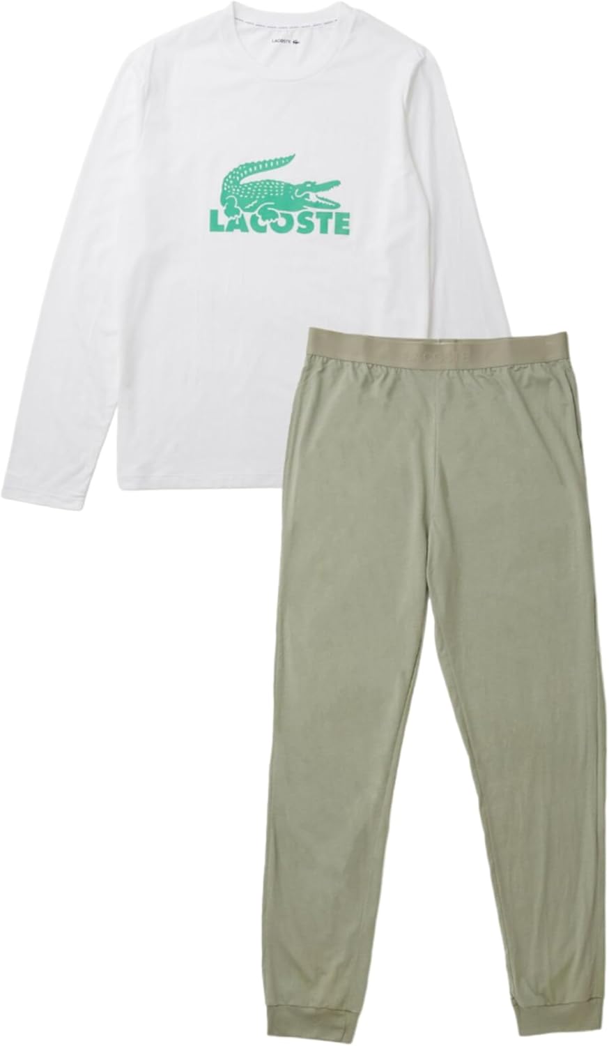 

Lacoste мужской комплект с брендированием: свитшот с круглым вырезом и пижама, White/Light Khaki/Arctic Blue