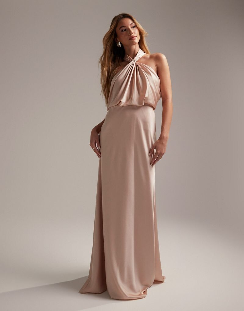 

Атласное платье макси со сборками и воротником-бретелькой ASOS DESIGN Bridesmaid