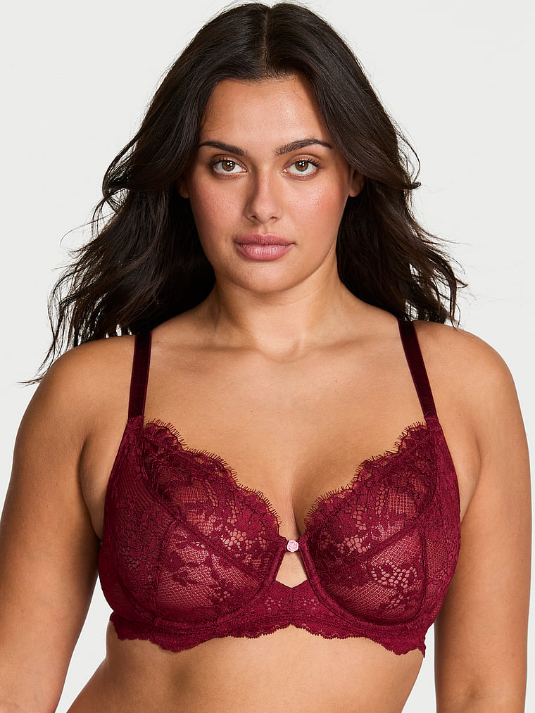 

Великолепный бюстгальтер Victoria's Secret из кружева без подкладки с полной чашкой Dream Angels, lace sangria red