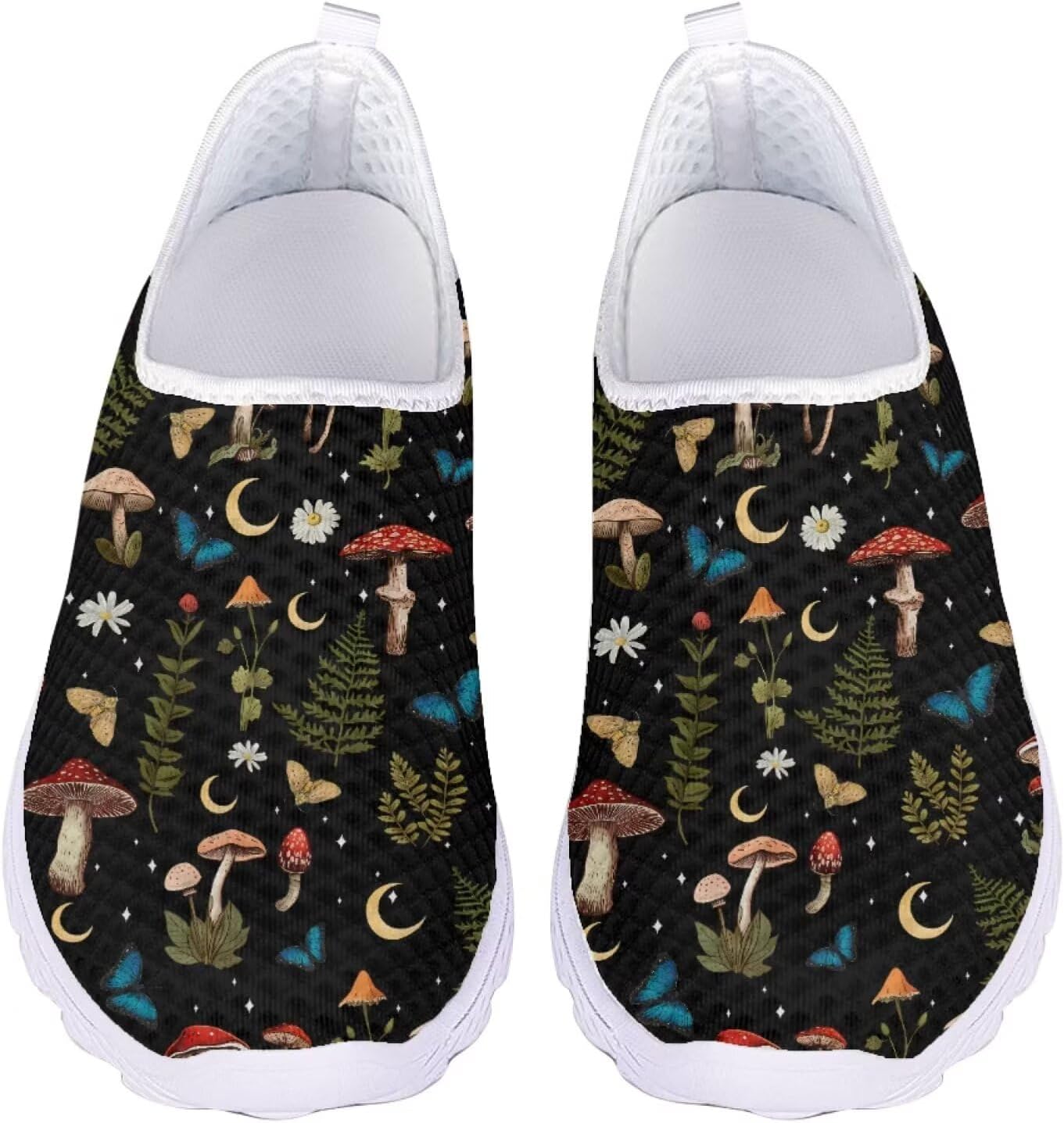 

Кроссовки Jeiento Comfort Slip On для женщин и мужчин с сеткой, дышащие теннисные кроссовки для спорта и бега, повседневные лоферы с бабочкой, Moon Stars Mushroom