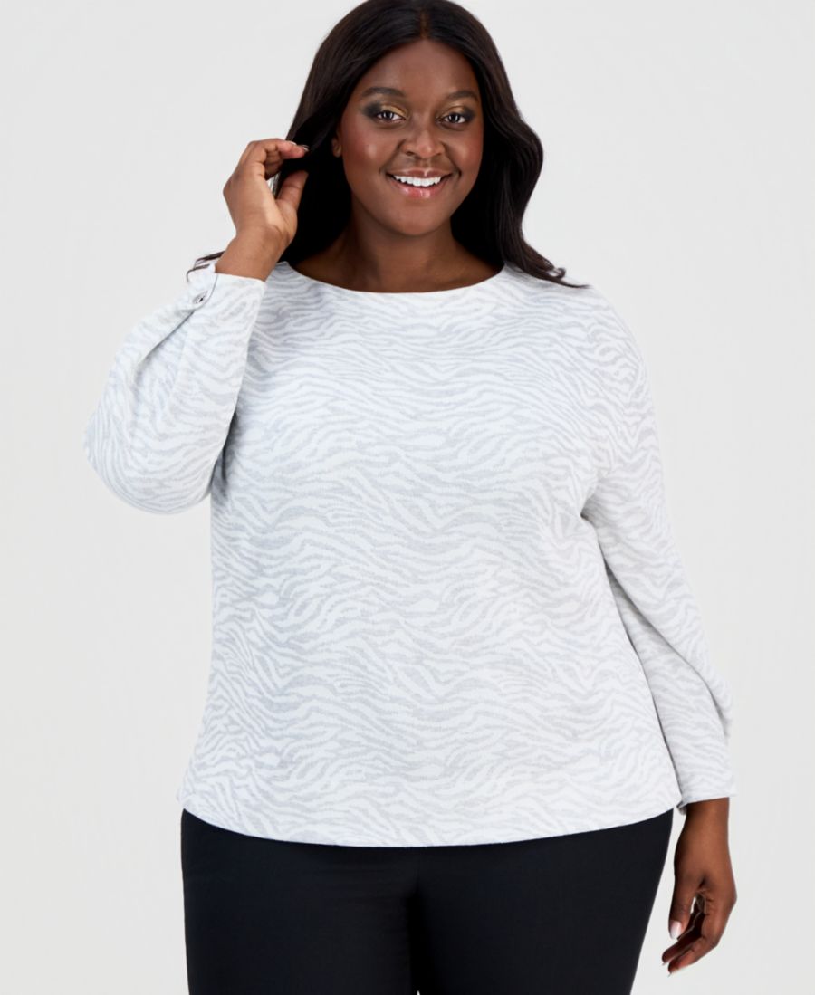 

Свитер большого размера с вырезом-лодочкой и отворотами на рукавах Anne Klein, White Dove/Heather Grey