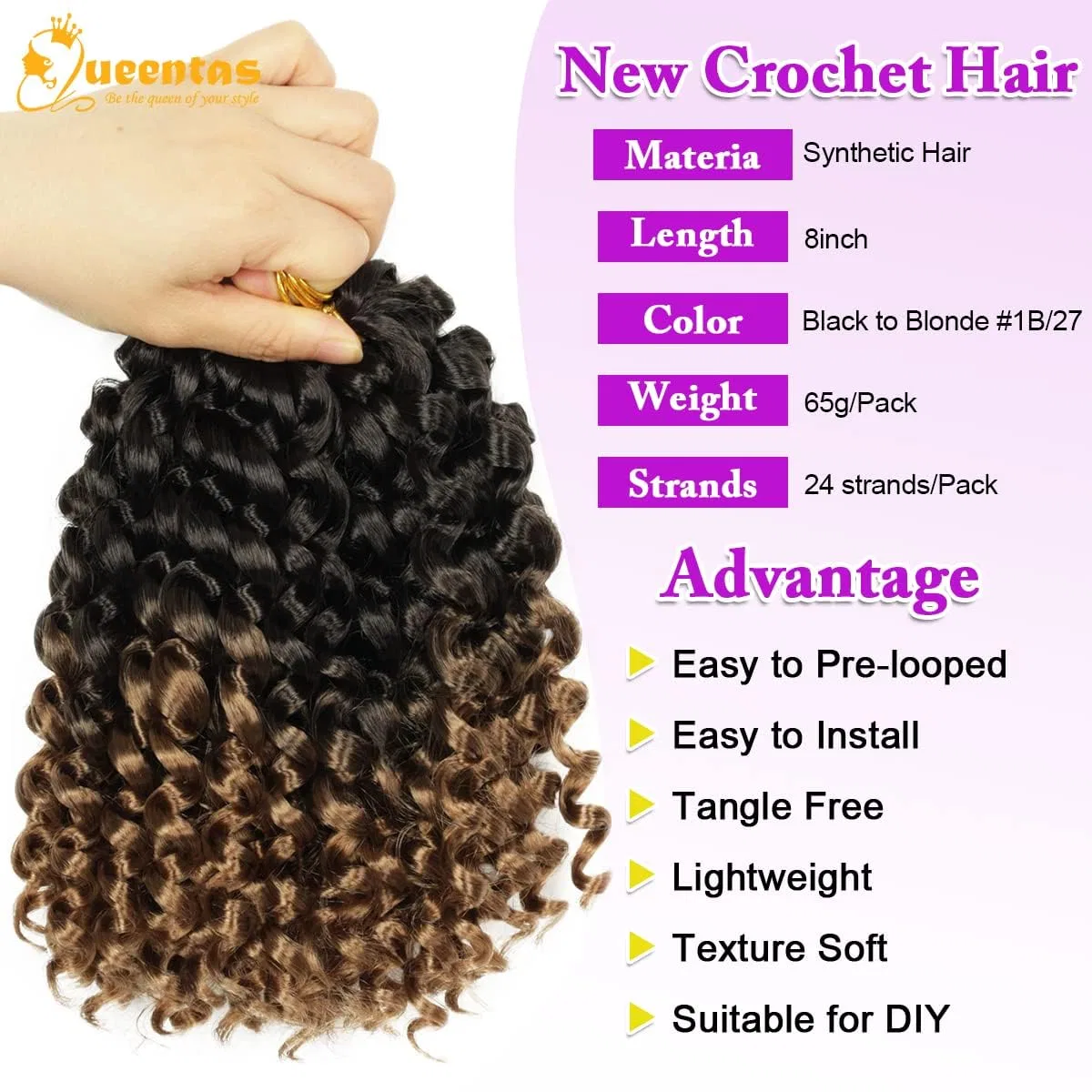 Набор для наращивания волос QUEENTAS Crochet Hair 3 упаковки Queentas, Black To Blonde — фото 3
