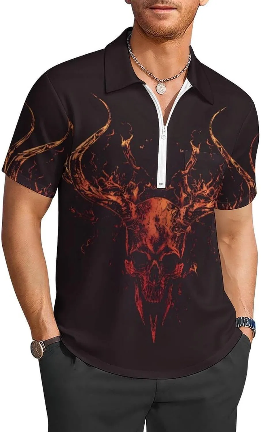 Мужское поло с коротким рукавом, Flame Heavy Metal Skull, Multicolor