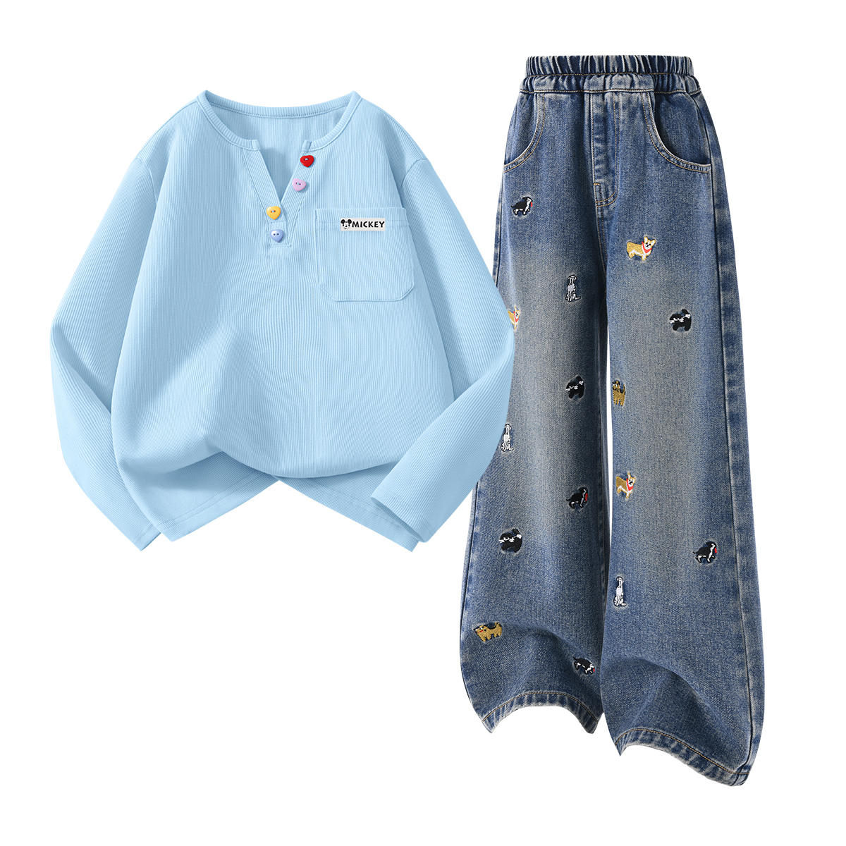 

Детская повседневная спортивная одежда Disney, Dihu Long Hook-And-Loop Lake Blue+Solid Color Denim Blue