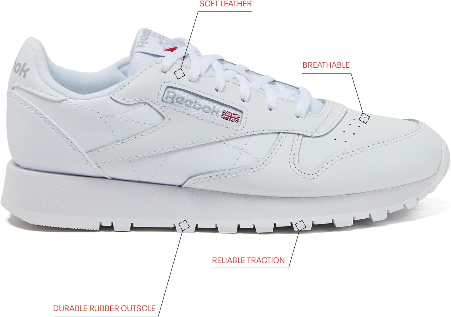Кроссовки Reebok Classic Leather для детей и подростков, унисекс, для девочек и мальчиков, малышей, детей младшего или старшего возраста, белый — фото 2
