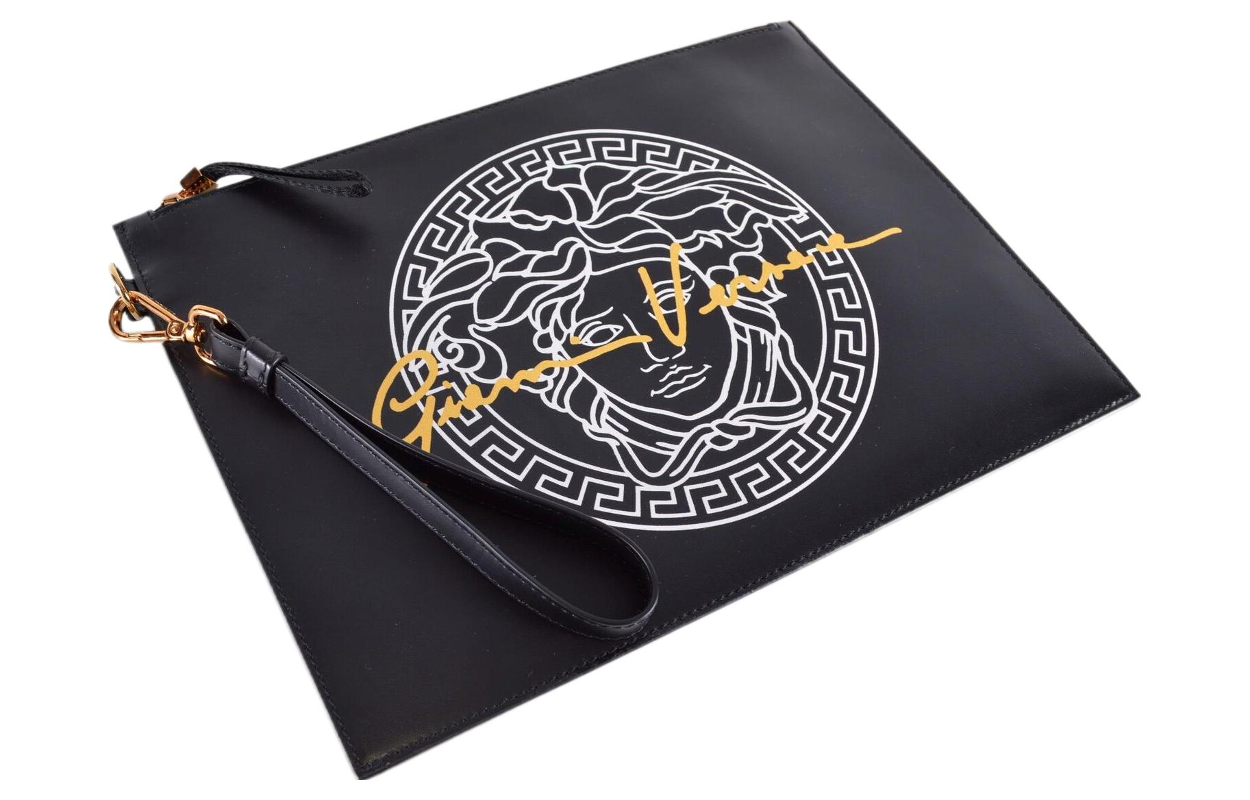 Кожаная клатч из телячьей кожи обычная мужская черная VERSACE — фото 2